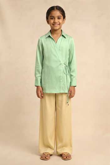 Neora By Nehal Chopra Ash Green Wrap Shirt For Kids