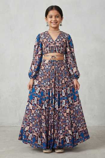 Senren By Eshana Raut Abstract Geometric Print Blouse With Lehenga For Kids