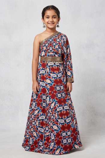 Senren By Eshana Raut Abstract Illusion Print Kaftan With Belt For Kids