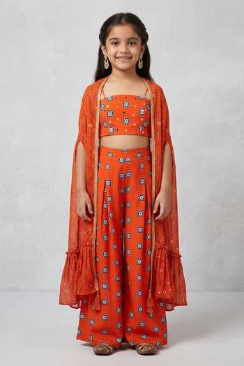 Senren By Eshana Raut Flower Print Cape & Pant Set For Kids