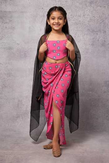 Senren By Eshana Raut Sheer Cape & Geometric Motif Print Skirt Set For Kids