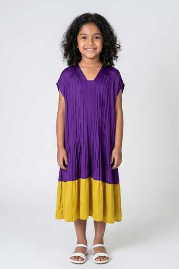 Neora By Nehal Chopra Colour Block Pleated Dress For Kids