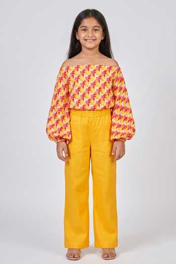 Senren By Eshana Raut Geometric Pattern Off Shoulder Top & Pant Set For Kids