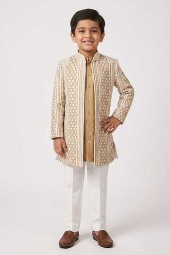 Kaaj Button Geometric Embroidered Sherwani Set For Kids