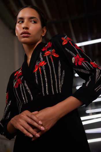 Shahin Mannan Black Crepe V-neck Narcissus Garden Wrap Dress Online at Aza Fashions Shahin Mannan_Black Crepe V-neck Narcissus Garden Wrap Dress _Online_at_Aza_Fashions