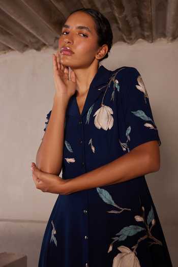 Shahin Mannan_Navy Crepe Collared Neck Magnolia Blossom Coat Dress _Online_at_Aza_Fashions