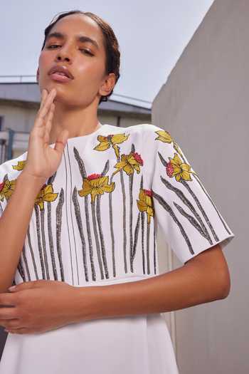 Shahin Mannan Ivory Crepe Round Neck Narcissus Garden Midi Dress Online at Aza Fashions Shahin Mannan_Ivory Crepe Round Neck Narcissus Garden Midi Dress _Online_at_Aza_Fashions