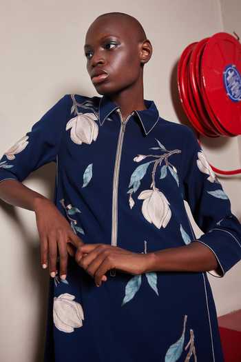 Shahin Mannan_Navy Crepe Collared Neck Magnolia Blossom Side Triangle Dress _Online_at_Aza_Fashions