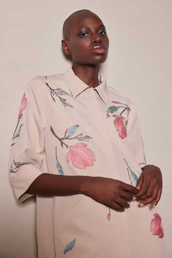 Shahin Mannan Beige Crepe Collared Neck Magnolia Blossom Dress Online at Aza Fashions Shahin Mannan_Beige Crepe Collared Neck Magnolia Blossom Dress _Online_at_Aza_Fashions