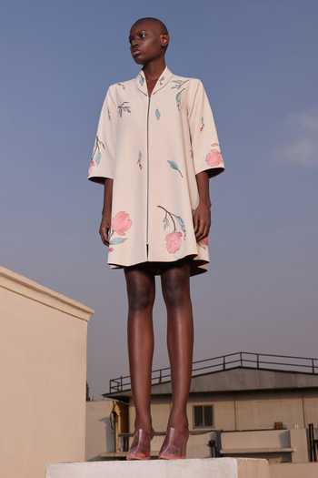 Shahin Mannan_Beige Crepe Shawl Neck Magnolia Blossom Flared Dress _Online_at_Aza_Fashions