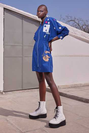 Buy Shahin Mannan Blue Poplin V-neck Heart Telephone And Text Jacket Dress Online at Aza Fashions Buy_Shahin Mannan_Blue Poplin V-neck Heart Telephone And Text Jacket Dress _Online_at_Aza_Fashions