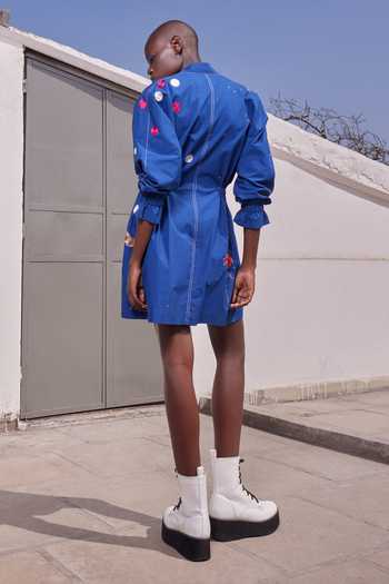 Shop Shahin Mannan Blue Poplin V-neck Heart Telephone And Text Jacket Dress at Aza Fashions Shop_Shahin Mannan_Blue Poplin V-neck Heart Telephone And Text Jacket Dress _at_Aza_Fashions