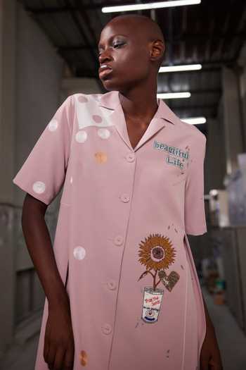 Shahin Mannan Peach Crepe V-, Collared Heart Telephone And Text Panelled Dress Online at Aza Fashions Shahin Mannan_Peach Crepe V-, Collared Heart Telephone And Text Panelled Dress _Online_at_Aza_Fashions