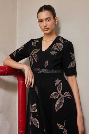 Shahin Mannan Black Crepe V-neck Drifting Branches Circular Dress Online at Aza Fashions Shahin Mannan_Black Crepe V-neck Drifting Branches Circular Dress _Online_at_Aza_Fashions