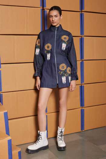 Shahin Mannan Blue Denim Mandarin Collar Pop Can With Flowers Jacket Dress Online at Aza Fashions Shahin Mannan_Blue Denim Mandarin Collar Pop Can With Flowers Jacket Dress _Online_at_Aza_Fashions