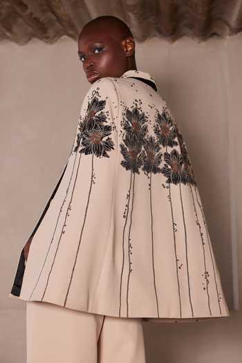 Shop_Shahin Mannan_Beige Crepe Collared Neck Floral Patch Cape With Pant _Online_at_Aza_Fashions