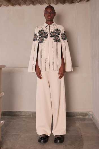 Shahin Mannan_Beige Crepe Collared Neck Floral Patch Cape _Online_at_Aza_Fashions