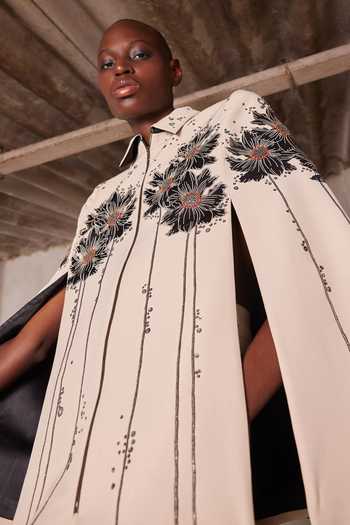 Buy_Shahin Mannan_Beige Crepe Collared Neck Floral Patch Cape _Online_at_Aza_Fashions