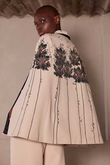 Shop_Shahin Mannan_Beige Crepe Collared Neck Floral Patch Cape _Online_at_Aza_Fashions