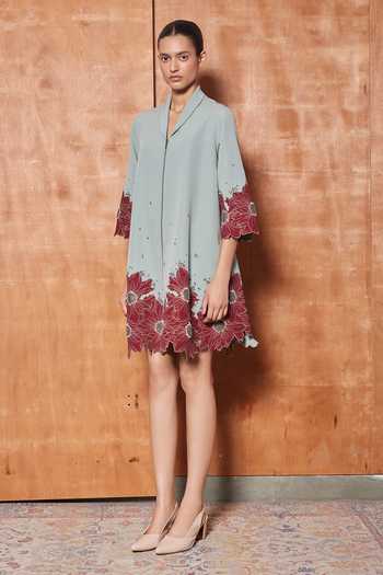 Shahin Mannan_Green Crepe Shawl Neck Floral Border Collar Dress _Online_at_Aza_Fashions
