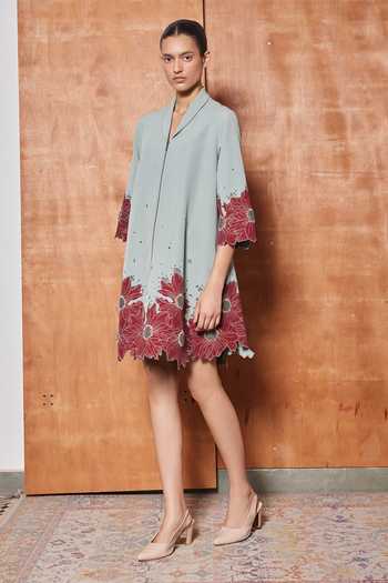 Buy_Shahin Mannan_Green Crepe Shawl Neck Floral Border Collar Dress _Online_at_Aza_Fashions
