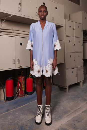 Shahin Mannan_Blue Chanderi Shawl Neck Floral Border Collar Flared Dress _Online_at_Aza_Fashions