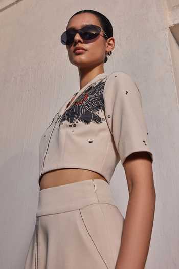 Shahin Mannan_Beige Crepe Collared Neck Floral Bubbles Crop Top With Skirt _Online_at_Aza_Fashions