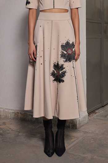 Shop_Shahin Mannan_Beige Crepe Collared Neck Floral Bubbles Crop Top With Skirt _Online_at_Aza_Fashions