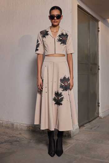 Buy Shahin Mannan Beige Crepe Collared Neck Floral Bubbles Crop Top Online at Aza Fashions Buy_Shahin Mannan_Beige Crepe Collared Neck Floral Bubbles Crop Top _Online_at_Aza_Fashions
