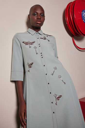 Shahin Mannan Green Crepe Collared Neck Butterkey Side Pleated Shirt Dress Online at Aza Fashions Shahin Mannan_Green Crepe Collared Neck Butterkey Side Pleated Shirt Dress _Online_at_Aza_Fashions