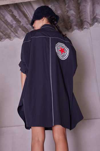 Shop Shahin Mannan Black Poplin Collared Neck Radiant Star Gathered Sleeve Shirt Dress at Aza Fashions Shop_Shahin Mannan_Black Poplin Collared Neck Radiant Star Gathered Sleeve Shirt Dress _at_Aza_Fashions