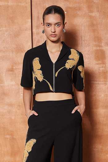 Shahin Mannan_Black Crepe Collared Neck Fading Butterfly Shirt With Pant _Online_at_Aza_Fashions