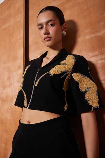 Shahin Mannan Black Crepe Collared Neck Fading Butterfly Cropped Shirt Online at Aza Fashions Shahin Mannan_Black Crepe Collared Neck Fading Butterfly Cropped Shirt _Online_at_Aza_Fashions