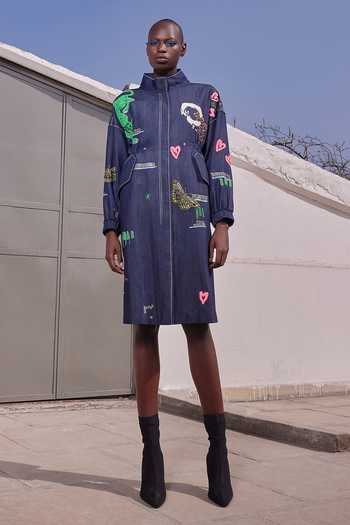 Buy Shahin Mannan Blue Denim Mandarin Collar Funky Panther Parka Dress Online at Aza Fashions Buy_Shahin Mannan_Blue Denim Mandarin Collar Funky Panther Parka Dress _Online_at_Aza_Fashions