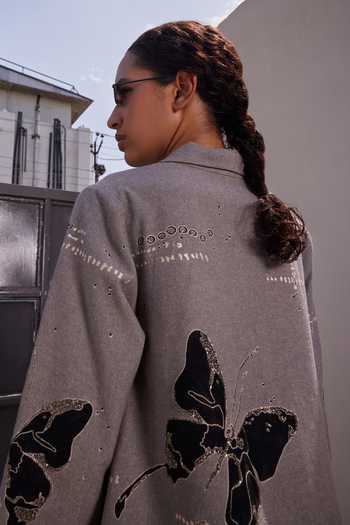 Shahin Mannan Grey Shawl Neck Fading Butterflies Flared Dress Online at Aza Fashions Shahin Mannan_Grey Shawl Neck Fading Butterflies Flared Dress _Online_at_Aza_Fashions