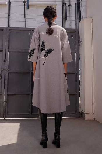 Shop Shahin Mannan Grey Shawl Neck Fading Butterflies Flared Dress at Aza Fashions Shop_Shahin Mannan_Grey Shawl Neck Fading Butterflies Flared Dress _at_Aza_Fashions