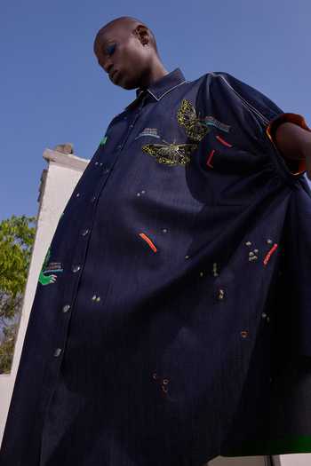 Shahin Mannan_Blue Denim Collared Neck Funky Panther Gathered Sleeve Shirt Dress _Online_at_Aza_Fashions