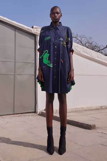 Buy_Shahin Mannan_Blue Denim Collared Neck Funky Panther Gathered Sleeve Shirt Dress _Online_at_Aza_Fashions
