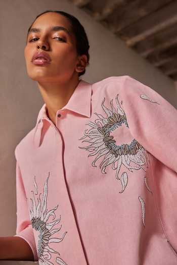 Shahin Mannan_Pink Denim, Twill Collared Neck Multi Petals Front Open Dress _Online_at_Aza_Fashions