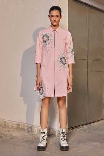 Shahin Mannan Pink Twill, Denim Collared Neck Multi Petals Side Triangle Shirt Dress Online at Aza Fashions Shahin Mannan_Pink Twill, Denim Collared Neck Multi Petals Side Triangle Shirt Dress _Online_at_Aza_Fashions