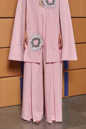 Shahin Mannan_Pink Denim Open Neck Multi Petals Cape And Pleated Pant Set _Online_at_Aza_Fashions