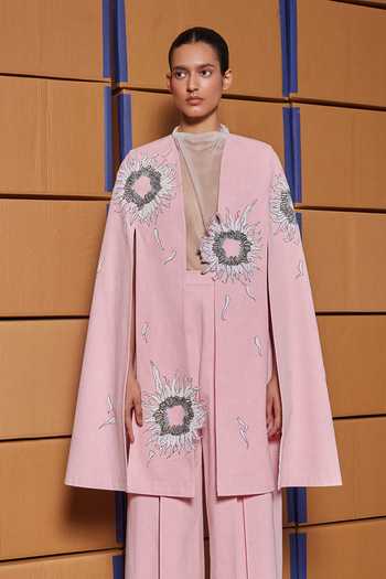 Buy_Shahin Mannan_Pink Denim Open Neck Multi Petals Cape And Pleated Pant Set _Online_at_Aza_Fashions