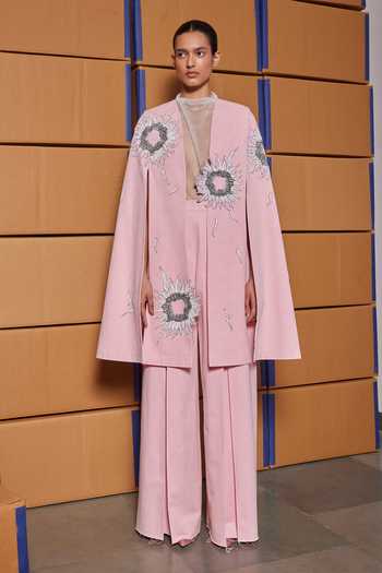 Shahin Mannan_Pink Denim, Twill High Neck Multi Petals Long Cape _Online_at_Aza_Fashions