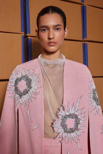 Buy_Shahin Mannan_Pink Denim, Twill High Neck Multi Petals Long Cape _Online_at_Aza_Fashions