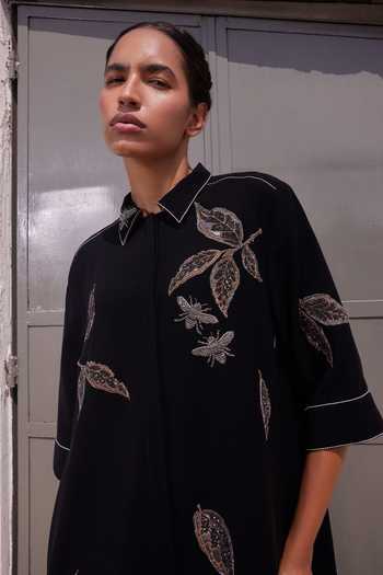 Shahin Mannan_Black Crepe Collared Neck Drifting Leaves Front Open Dress _Online_at_Aza_Fashions