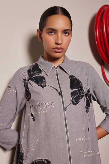 Shahin Mannan_Grey Collared Neck Fading Butterflies Side Triangle Dress _Online_at_Aza_Fashions