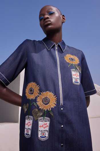 Shahin Mannan Blue Denim Collared Neck Pop Can With Flowers Shift Dress Online at Aza Fashions Shahin Mannan_Blue Denim Collared Neck Pop Can With Flowers Shift Dress _Online_at_Aza_Fashions