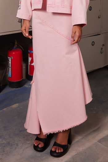 Shahin Mannan Pink Denim Collared Neck Hearts And Crown Oversized Jacket With Skirt Online at Aza Fashions Shahin Mannan_Pink Denim Collared Neck Hearts And Crown Oversized Jacket With Skirt _Online_at_Aza_Fashions