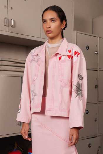 Buy Shahin Mannan Pink Denim Collared Neck Hearts And Crown Oversized Jacket With Skirt Online at Aza Fashions Buy_Shahin Mannan_Pink Denim Collared Neck Hearts And Crown Oversized Jacket With Skirt _Online_at_Aza_Fashions