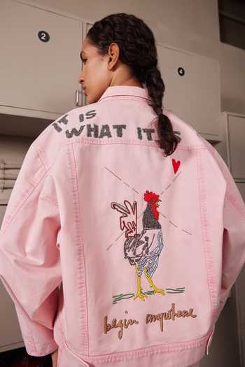 Shop Shahin Mannan Pink Denim Collared Neck Hearts And Crown Oversized Jacket With Skirt Online at Aza Fashions Shop_Shahin Mannan_Pink Denim Collared Neck Hearts And Crown Oversized Jacket With Skirt _Online_at_Aza_Fashions